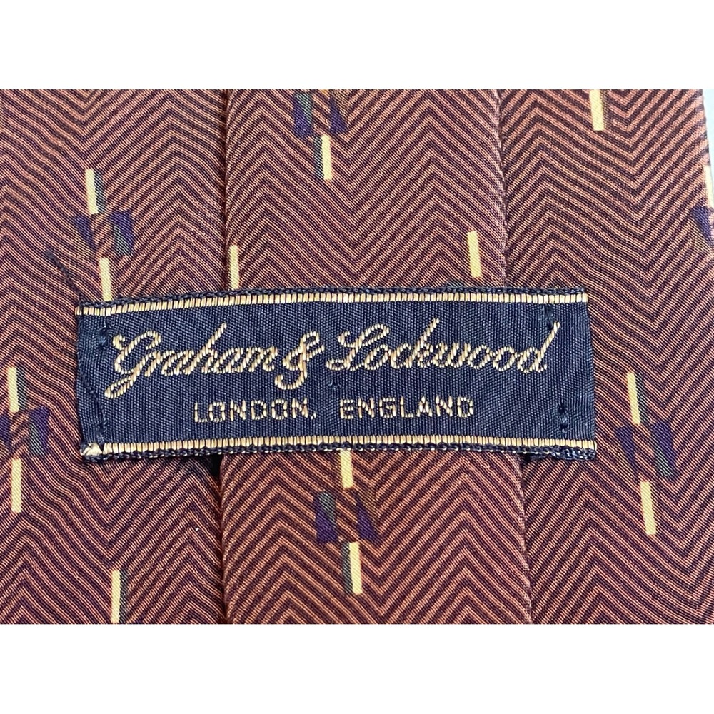 Graham & Lockwood London Silk Necktie Brown Geometric Herringbone Designer Tie